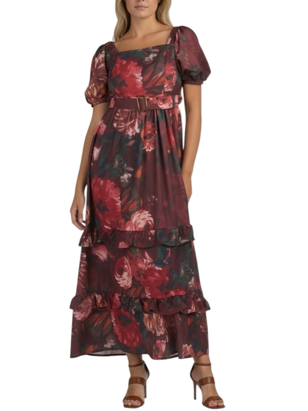 NWT US TOGETHER Floral Short Sleeve Removable Belt Ruffle Smocked Maxi Dress